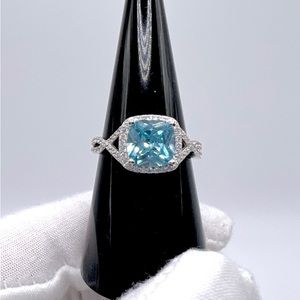 .925 Sterling Silver Aquamarine Cz Ring